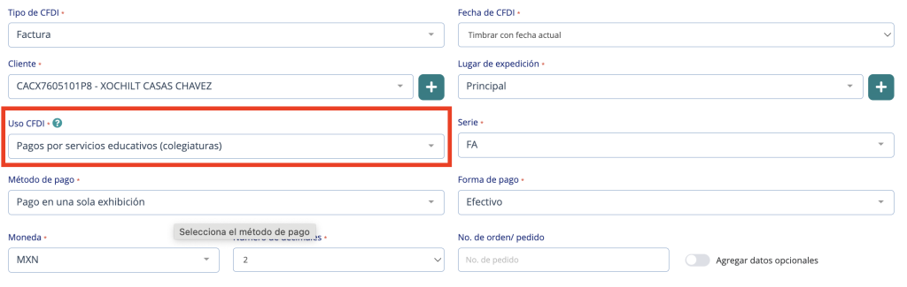 Sección Nuevo CFDI señalando el Uso de CFDI